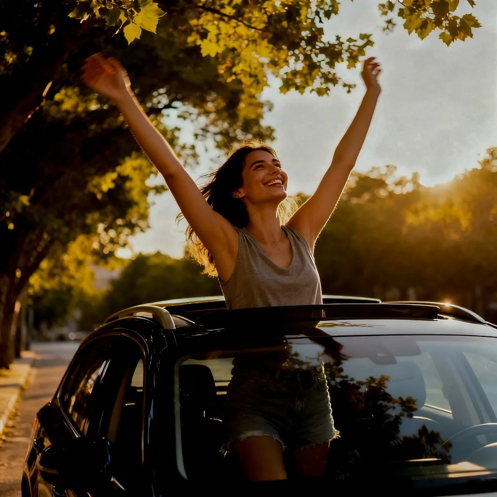 Donna che esce sorridente dal tettuccio dell'auto, libertà e serenità alla guida