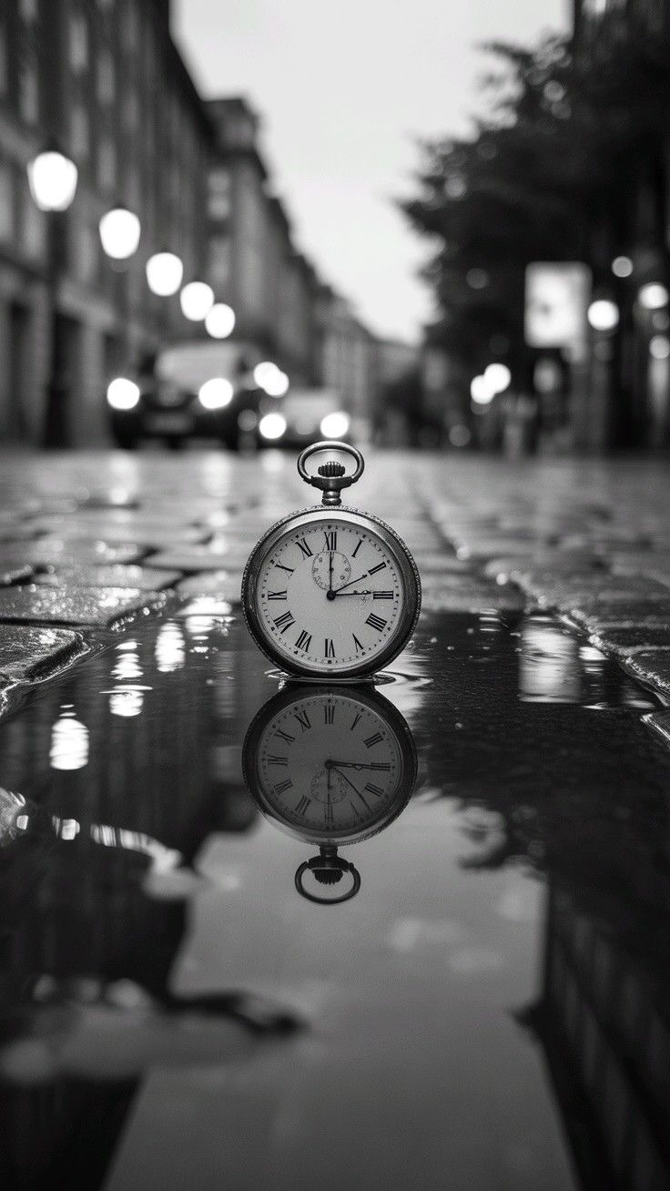Orologio da tasca riflesso in una pozzanghera, in bianco e nero