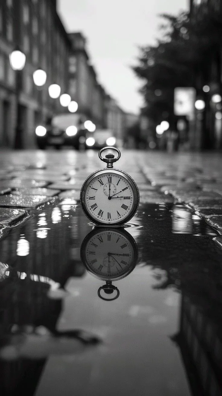 Orologio da tasca riflesso in una pozzanghera, in bianco e nero