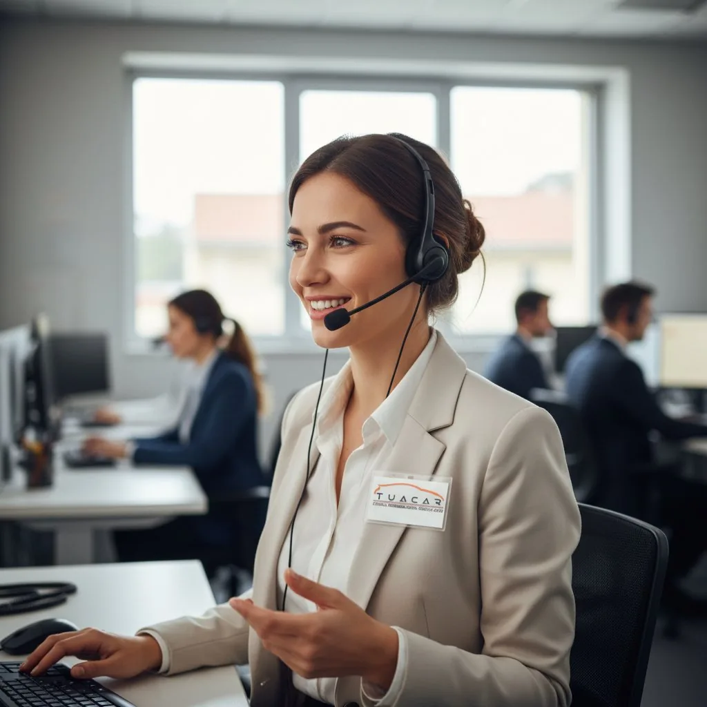 Operatrice di telemarketing al telefono in giacca, attività di contatto clienti BDC